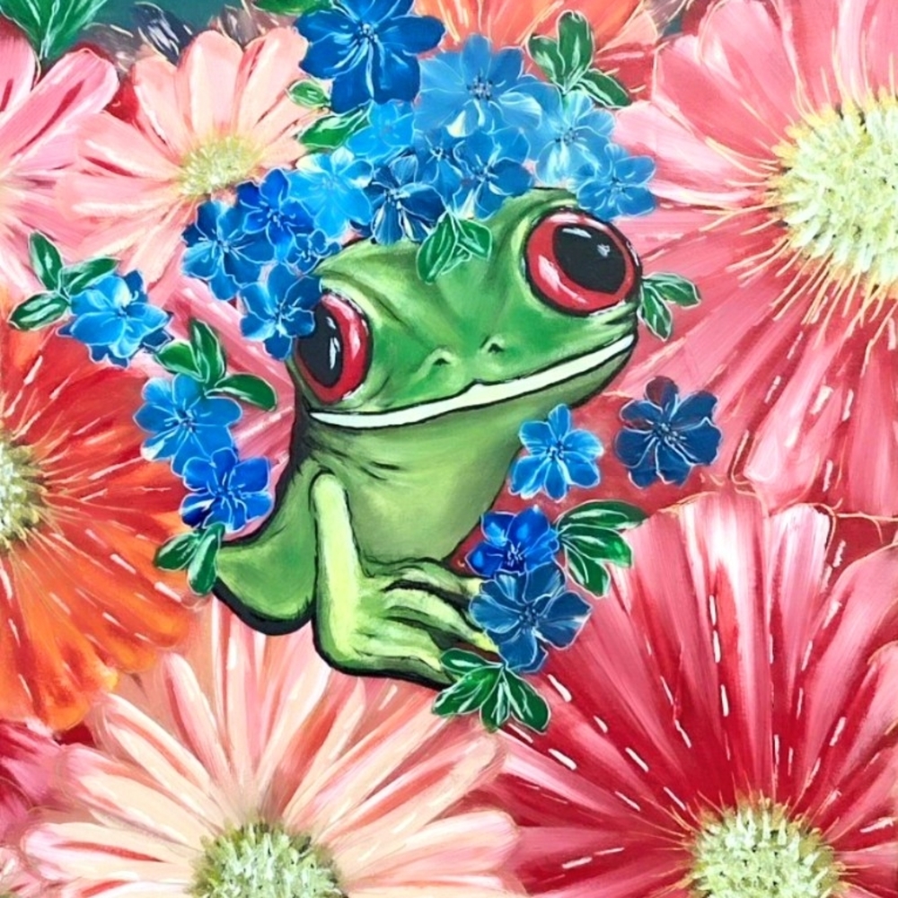 "Whimsical" Frog with Floral Canvas Art